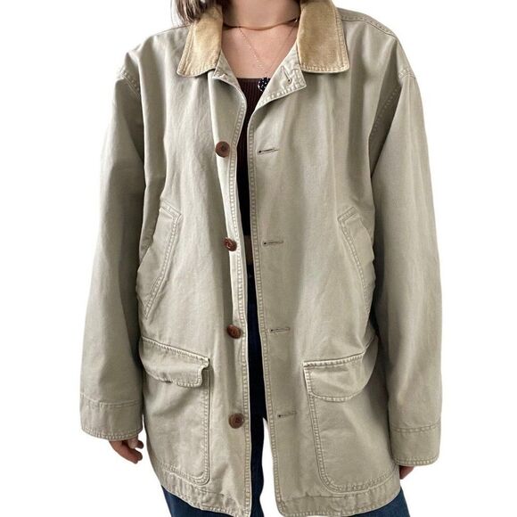 Mens LL Bean Tan Camel Cotton Hunting Fish Pattern Lined Chore Jacket Sz XL - Picture 2 of 7